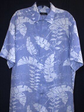 Jim Thompson 100% Linen Hawaiian Shirt Mens XL Blue White Tropical Leaf Print